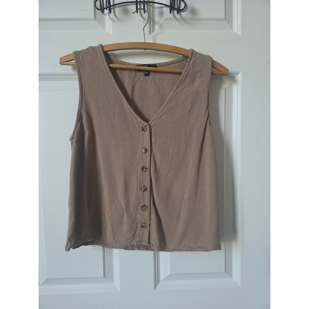 Lulus Tan Linen Blend Button Front Sleeveless V-Neck Top Medium
